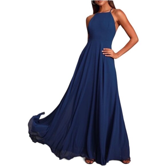 Lulus Mythical Kind of Love Chiffon Flowy Blue Halter Neck Maxi Gown Dress Sz S - Picture 1 of 15